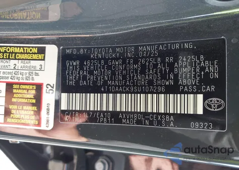 2025 Toyota Camry Se from USA, damaged, VIN 4T1DAACK9SU107296